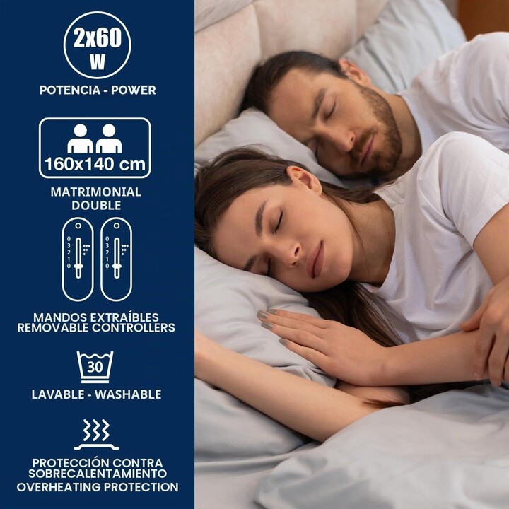 BEPER P203TFO111 Double Electric Blanket, 2 Zones with Independent Control, 3 Temperature Levels, Washable, Automatic Shut-Off, 