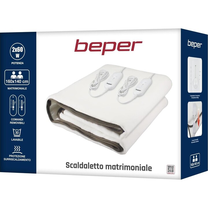 BEPER P203TFO111 Double Electric Blanket, 2 Zones with Independent Control, 3 Temperature Levels, Washable, Automatic Shut-Off, 