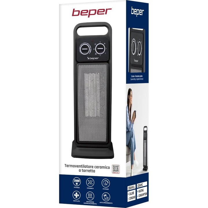 Radiateur tour en céramique BEPER P203TER002, radiateur électrique de 2 000 W avec oscillation automatique et thermostat réglabl