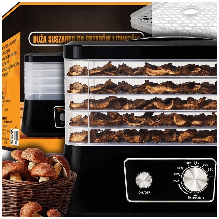Extralink Home Suszarka DO GrzybÓw OwocÓw Warzyw ŻywnoŚci Regulowana Mocna 500w + 5 SIT 27,5cm x 25cm Czarna