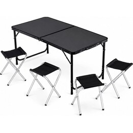 Juego de muebles de camping, mesa plegable, 4 taburetes, maleta negra