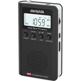 Aiwa RSD-45BK portable digital radio with LCD screen, speaker, and headphones.