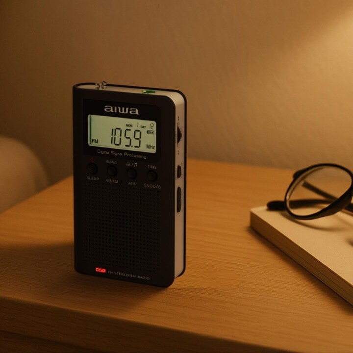 Radio numérique portable Aiwa RSD-45BK avec écran LCD, haut-parleur et casque.