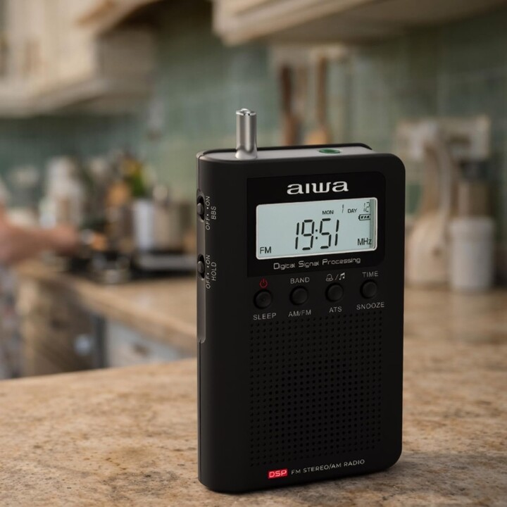 Radio digitale portatile Aiwa RSD-45BK con schermo LCD, altoparlante e cuffie.