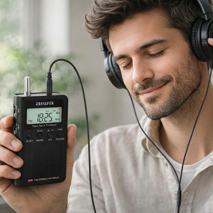 Radio numérique portable Aiwa RSD-45BK avec écran LCD, haut-parleur et casque.