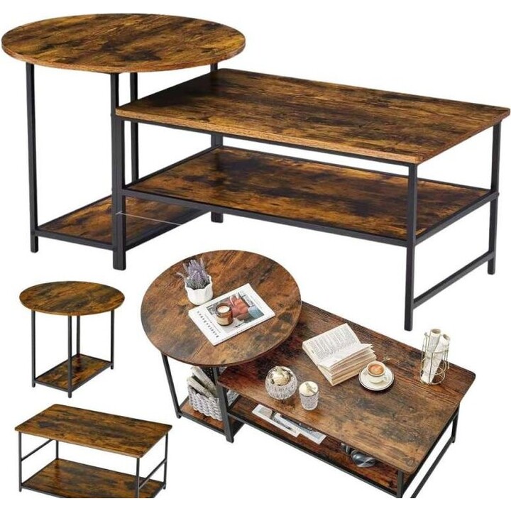 Ensemble de tables basses vintage en bois au style rustique, 2 en 1, 123 x 60 x 51 cm