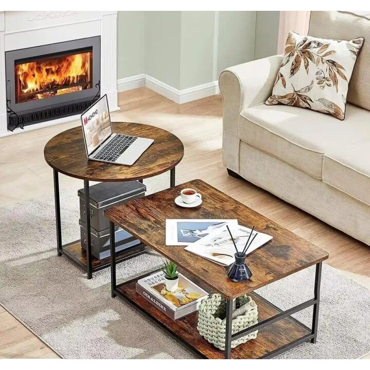 Ensemble de tables basses vintage en bois au style rustique, 2 en 1, 123 x 60 x 51 cm