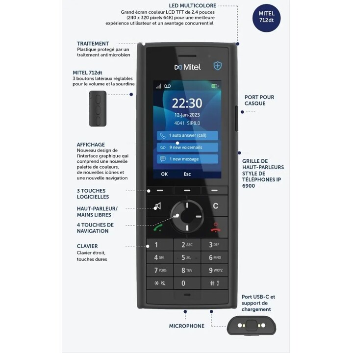 Mitel 712dt, téléphone seul, téléphone Mitel DECT vendu séparément, revêtement antimicrobien et écran couleur 2,4 pouces