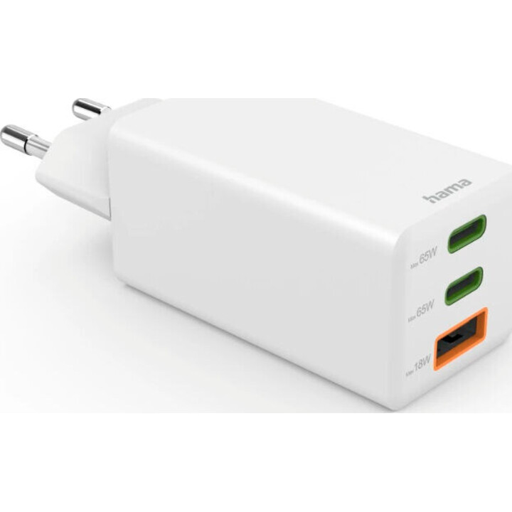 Cargador rápido Hama 00201996 GaN, 2 puertos USB-C, 1 puerto USB-A, mini cargador, PD, 65 W, blanco
