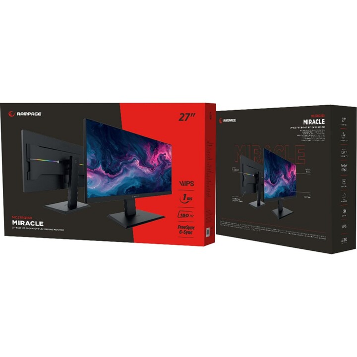 Monitor da gaming Rampage Miracle MC27RQ180 da 27 pollici, Fast IPS, QHD 2K, 180 Hz, 2 porte HDMI, 2 porte DisplayPort