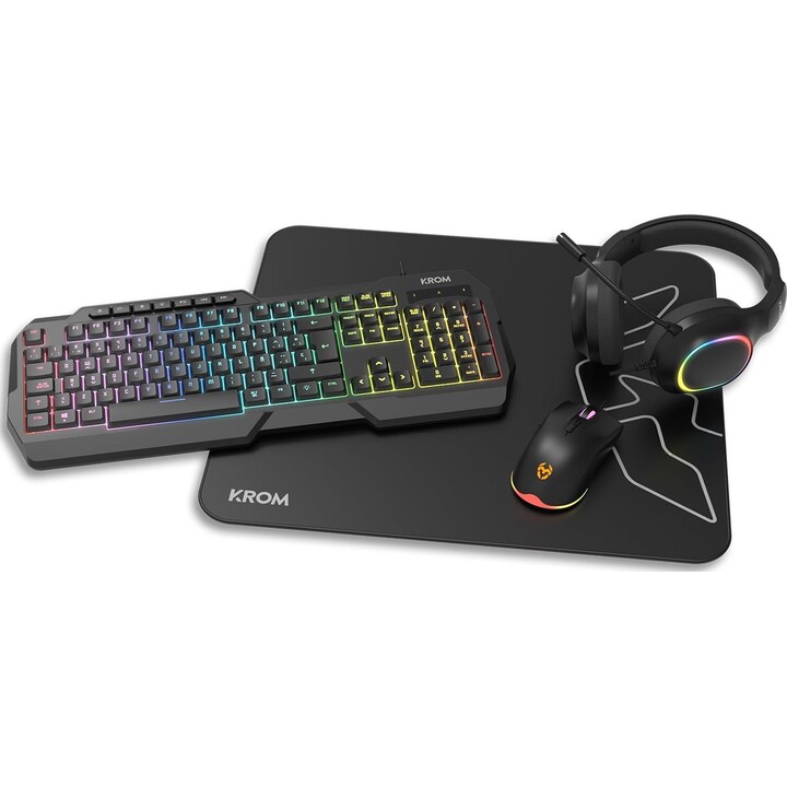 Paquete de gaming con cable Krom Kenta: teclado de membrana, ratón óptico, auriculares con micrófono y alfombrilla retroiluminad