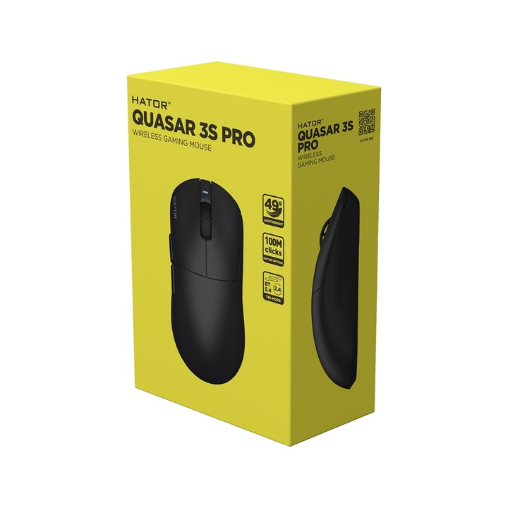 Mouse da gioco wireless HATOR Quasar 3S Pro per destrorsi, RF wireless + Bluetooth + USB Type-C ottico 30000 DPI