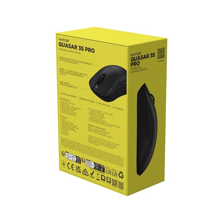 HATOR Quasar 3S Pro Wireless souris Gaming Droitier RF Wireless + Bluetooth + USB Type-C Optique 30000 DPI