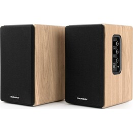 Enceintes de bibliothèque hi-fi Thomson « Cosy » 150 W, Bluetooth 5.0, RCA, finition bois/noir, modèle WS902DUO