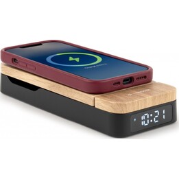 Thomson foldable alarm clock with 3-in-1 charger, compatible with android and apple wood/black