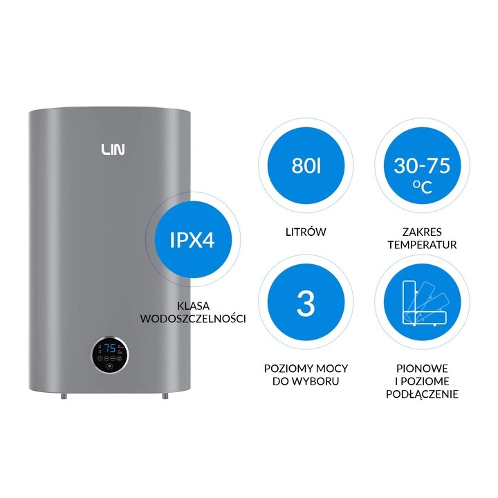 Aquecedor de água elétrico universal LIN LIFVD1SMGY de 80 litros, cinza, com Wi-Fi.