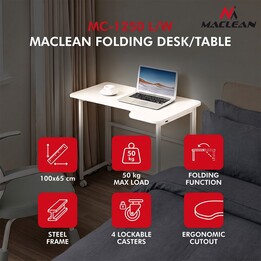 Mesa de trabalho dobrável Maclean, branca, com rodas, 100 x 65 cm, máx. 50 kg, inclinada, em forma de L, MC-1250 L/W