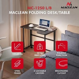 Table de bureau pliante Maclean, noire, mobile, 100 x 65 cm, 50 kg max., en angle, en forme de L, MC-1250 L/B