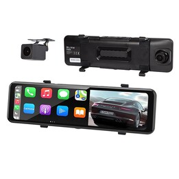 Gravador de vídeo BLACKBOX DVR F620 com Carplay e Android Auto, câmera traseira e espelho retrovisor integrado.