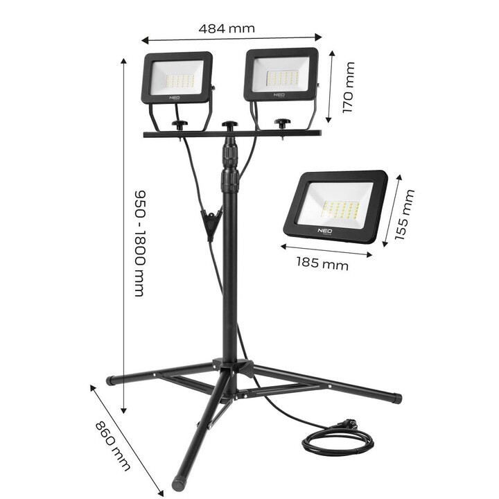 Neo Tools 99-062 double floodlight SMD LED 2x50W 8500lm with tripod 1.8m black