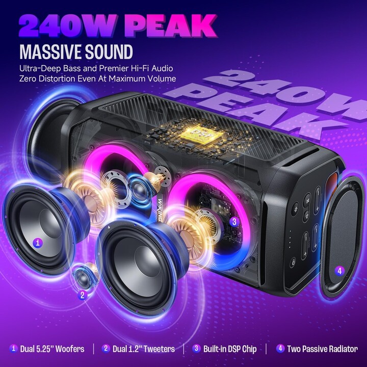 NGS Wildbanger 3 – Tragbarer Bluetooth-Lautsprecher mit USB- und AUX-Anschluss, RGB-Beleuchtung, 240 W, schwarz