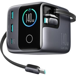 Carregador de secretária Joyroom Podix JR-TRD01 de 140 W com GaN, 5 portas e dois cabos USB-C retráteis – Cinzento