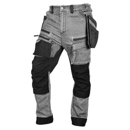 Spodnie robocze DENIM, wzmocnienia Cordura, odpinane kieszenie kaburowe, szare, rozmiar XS