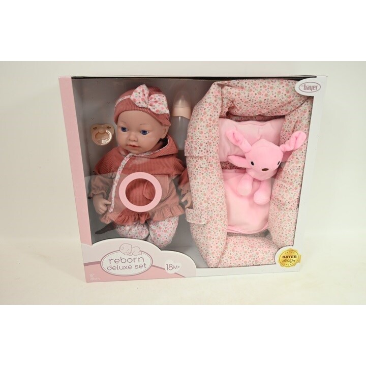 Reborn doll BAYER 38cm + baby carrier 93827AP 21644