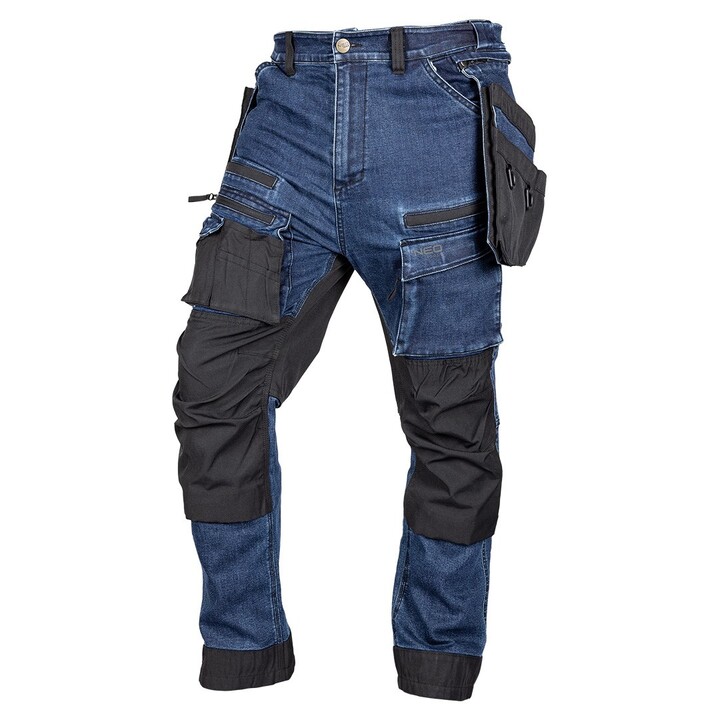 Pantalones de trabajo vaqueros, refuerzos de Cordura, bolsillos tipo funda desmontables, azul marino, talla XXL