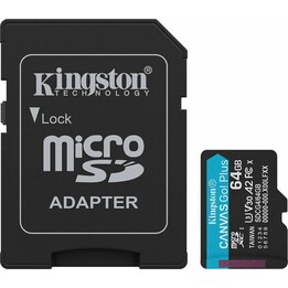 Kingston Technology Carte microSDXC Canvas Go Plus Gen4 200 Mo/s A2 U3 V30 64 Go + adaptateur