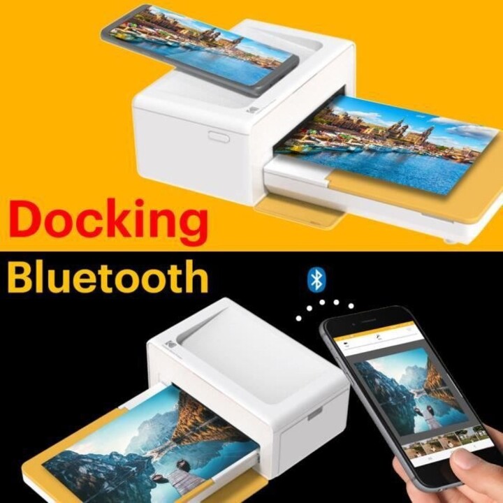 Base de impresora Kodak PD460 Bluetooth amarilla y 10 hojas de papel