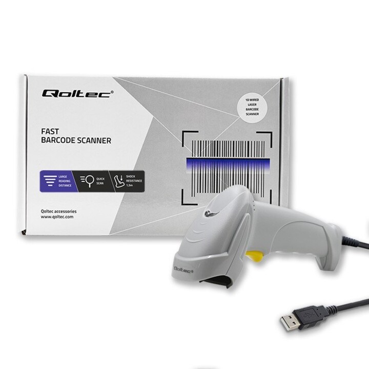 Leitor de código de barras a laser 1D Qoltec 50877 | USB | Branco