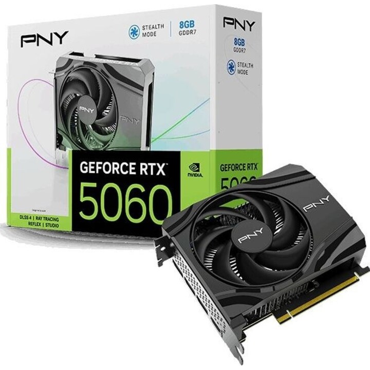 Tarjeta gráfica PNY RTX 5060 de 8 GB con un solo ventilador.