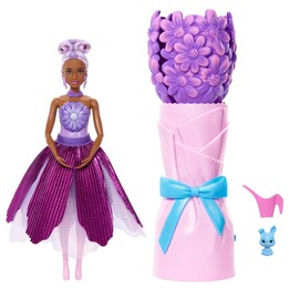 Boneca Barbie Petal Pop com vestido roxo perfumado, acessórios surpresa como um coelhinho e muito mais.