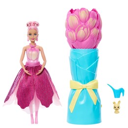 Barbie Muñeca Petal Pop perfumada con vestido rosa de tulipanes, accesorios sorpresa como un conejito y mucho más