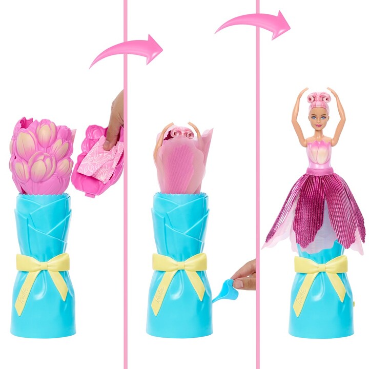 Petal Pop Barbie doll with scented pink tulip dress, surprise accessories like a bunny and much more