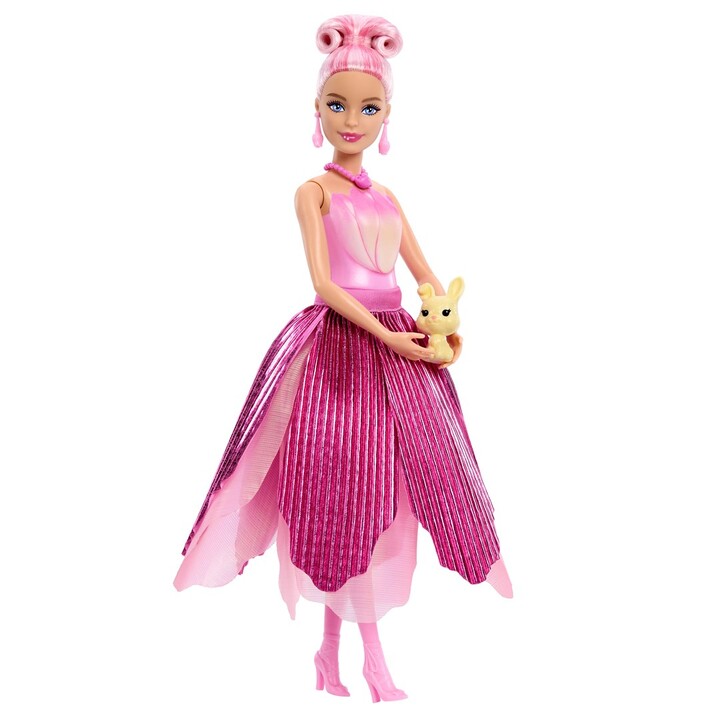 Boneca Barbie Petal Pop com vestido rosa perfumado em formato de tulipa, acessórios surpresa como um coelhinho e muito mais.