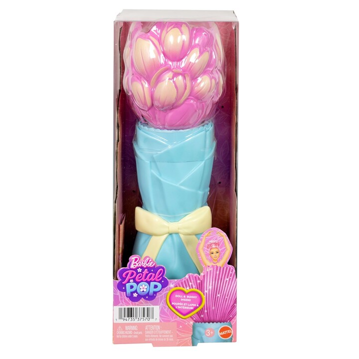 Barbie Muñeca Petal Pop perfumada con vestido rosa de tulipanes, accesorios sorpresa como un conejito y mucho más