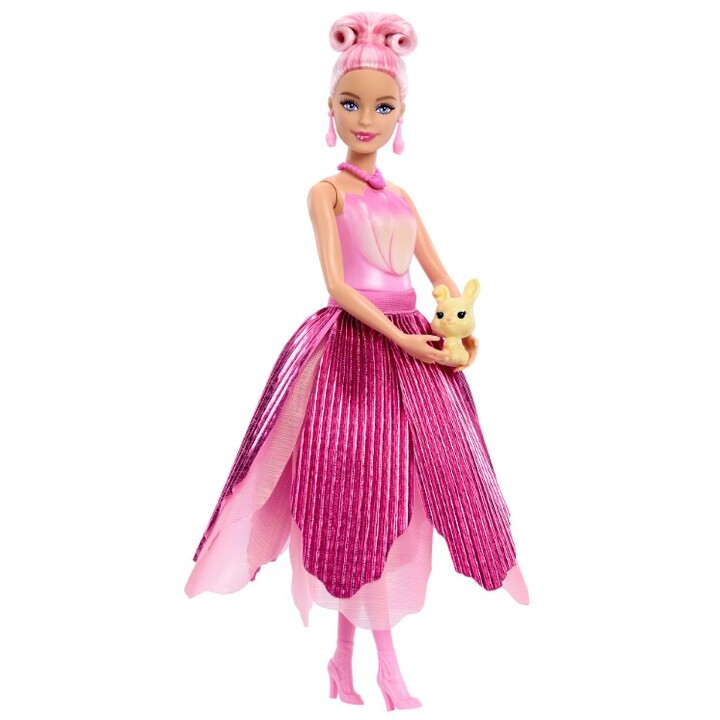 Bambola Barbie Petal Pop con vestito rosa profumato a forma di tulipano, accessori a sorpresa come un coniglietto e molto altro 