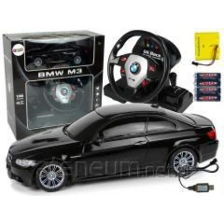 Coche teledirigido BMW M3 negro con volante teledirigido, escala 1:18, sonido y luces.