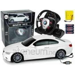 Coche teledirigido BMW M3 blanco con volante teledirigido, escala 1:18, sonido y luces.
