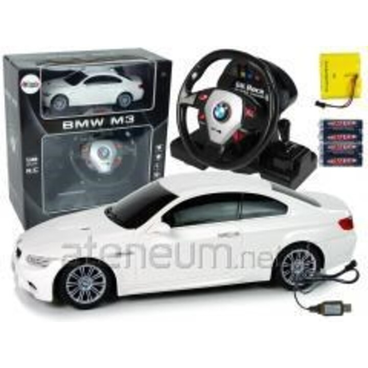Coche teledirigido BMW M3 blanco con volante teledirigido, escala 1:18, sonido y luces.
