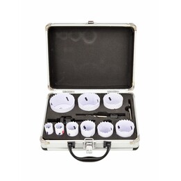 Conjunto de brocas de núcleo bimetálicas AWTOOLS de 19 a 64 mm, 13 peças, estojo de metal com linha preta.