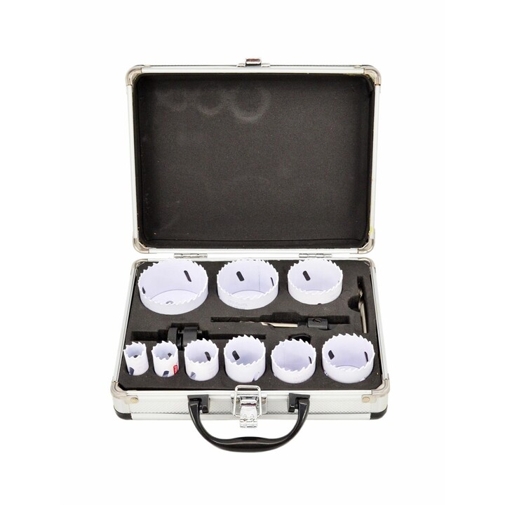 Juego de brocas de corona bimetálicas AWTOOLS de 19-64 mm, 13 piezas, estuche metálico con línea negra.