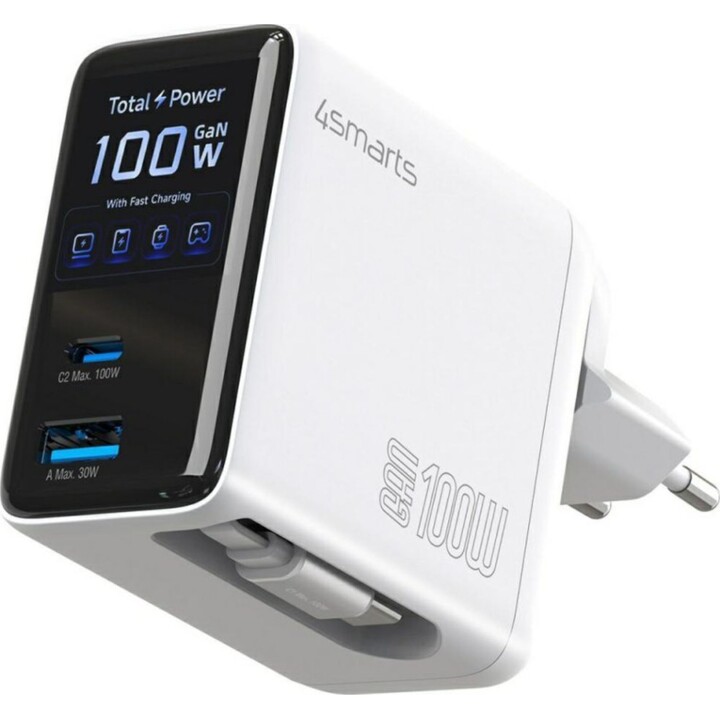 Cargador 4smarts Flex Screen AI GaN 100W 2x USB-C y 1x USB-A blanco