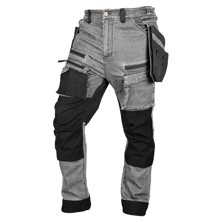 Pantalones de trabajo vaqueros, refuerzos de Cordura, bolsillos tipo funda desmontables, color gris, talla XXL.