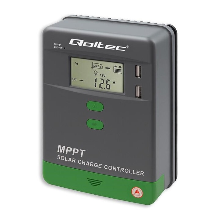 Qoltec Régulateur de charge solaire MPPT avec capteur de température 10A |12V / 24V | LCD | 2 x USB | GEL | LiFePO4