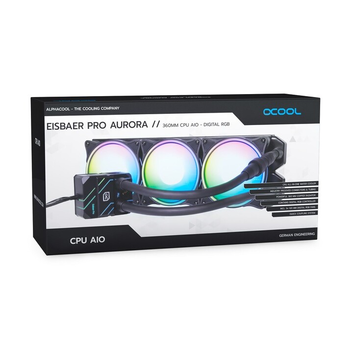 Sistema di raffreddamento a liquido all-in-one Alphacool Eisbaer Pro Aurora 360 per processore, 12 cm, nero, bianco, 1 pezzo