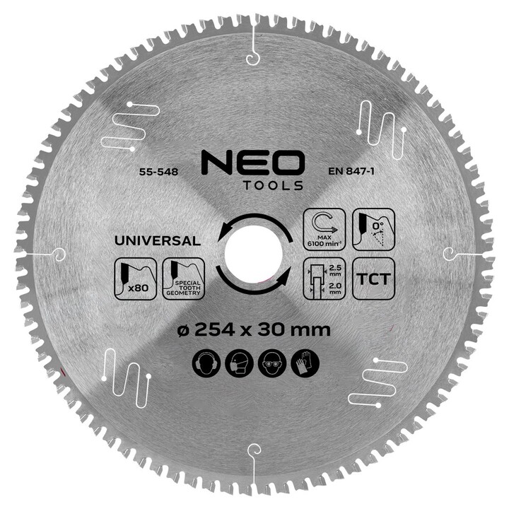 Hoja de sierra circular de carburo, 254 x 30 mm, 80 dientes, universal
