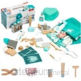 Kit médico de madeira para pequeno médico/dentista: kit de primeiros socorros, avental e 20 peças.